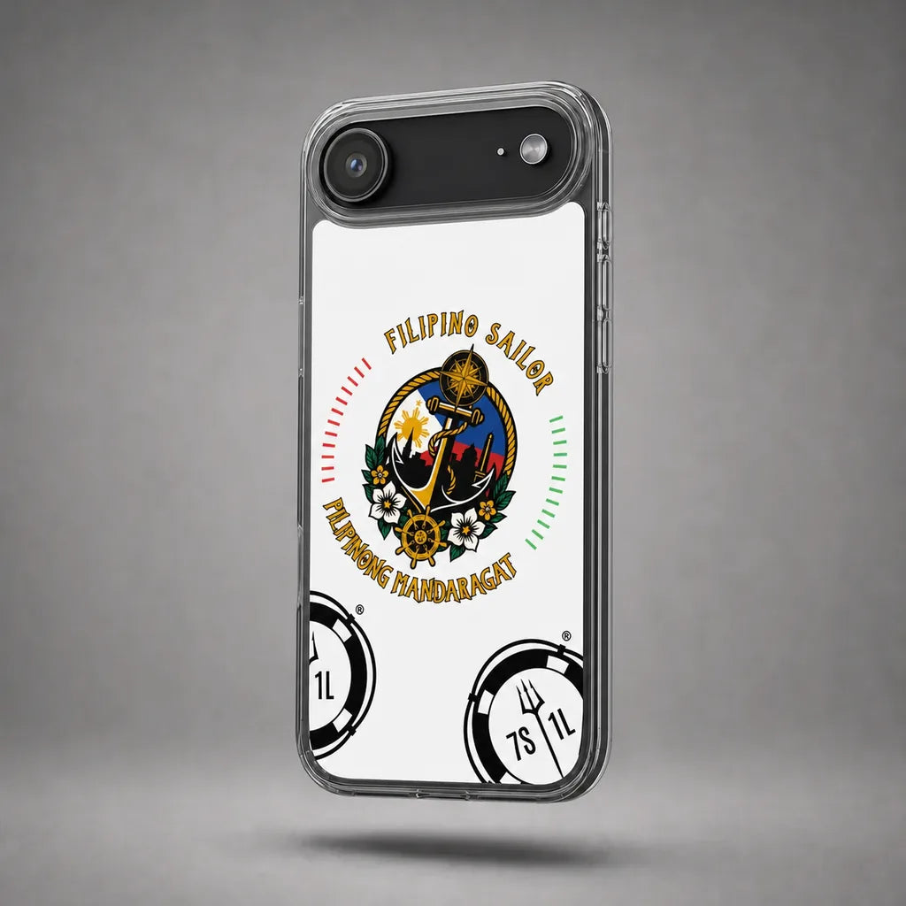 Clear Filipino Sailor case for iPhone 17 Air with maritime anchor artwork, floating above a grey studio floor with a soft shadow.