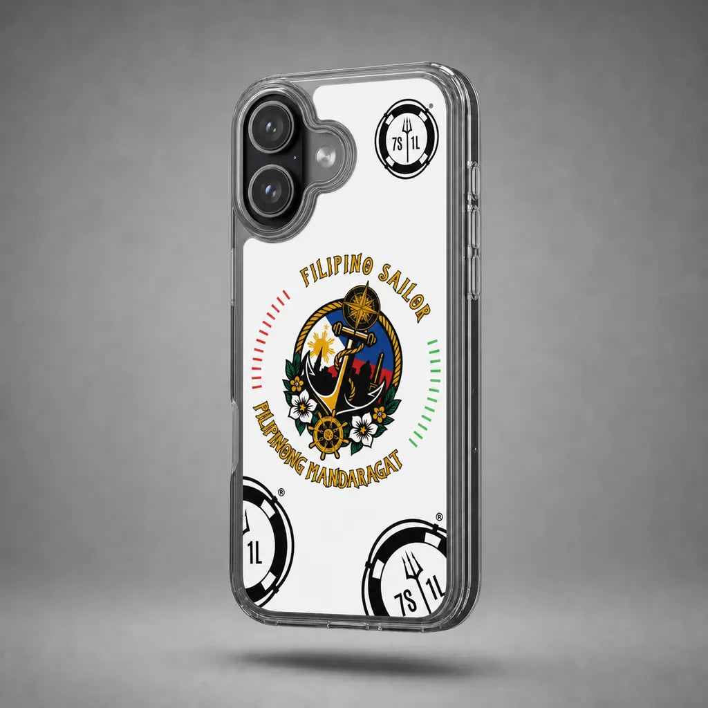Clear Filipino Sailor case for iPhone 17 with maritime anchor artwork, floating above a grey studio floor with a soft shadow.