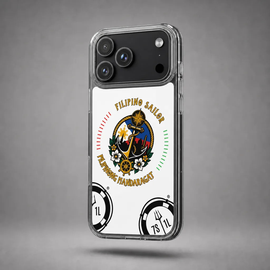 Clear Filipino Sailor case for iPhone 17 Pro Max with maritime anchor artwork, floating above a grey studio floor with a soft shadow.