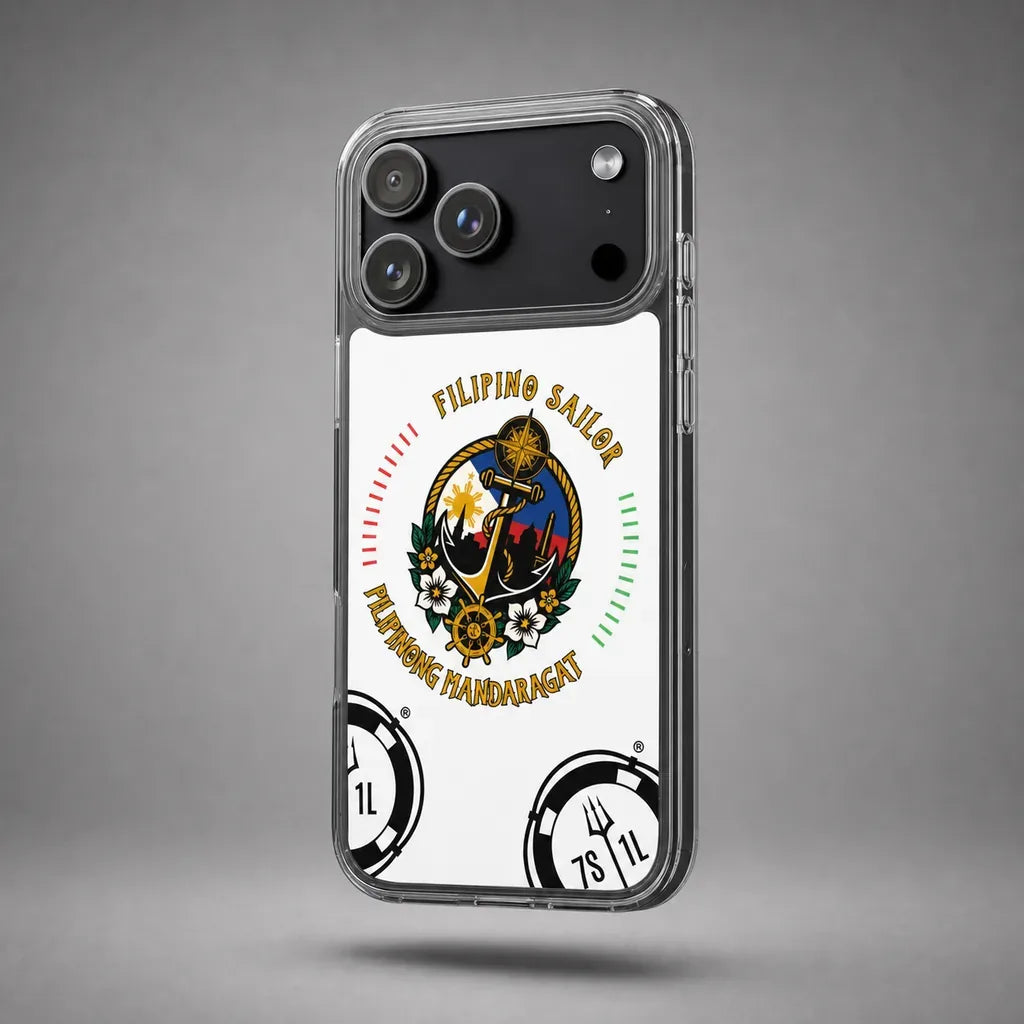 Clear Filipino Sailor iPhone case with seafarer anchor artwork, floating above a grey studio floor with a soft shadow.