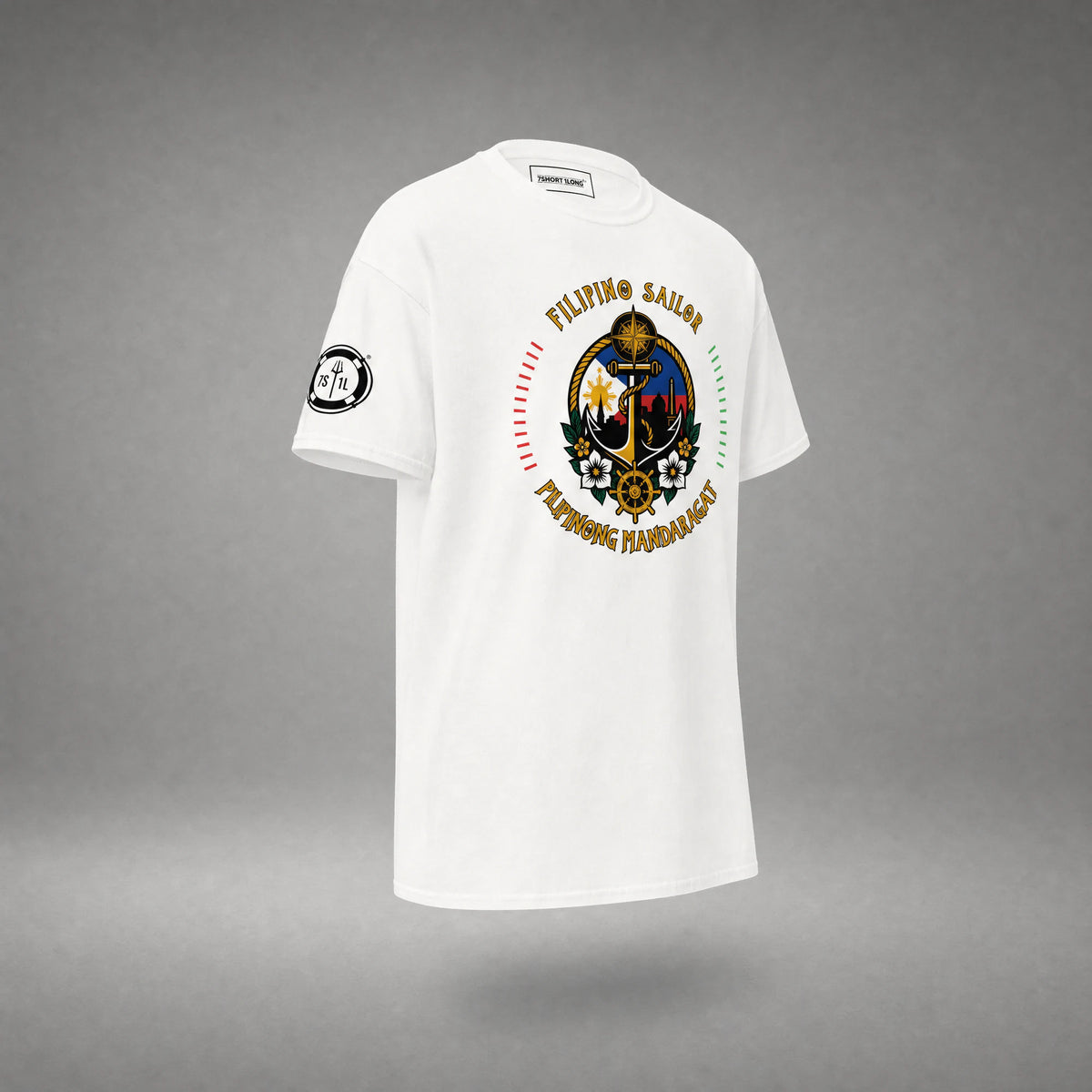 White Filipino Sailor T-shirt in a three-quarter view, with the sun and anchor crest and the words Pilipinong Mandaragat.