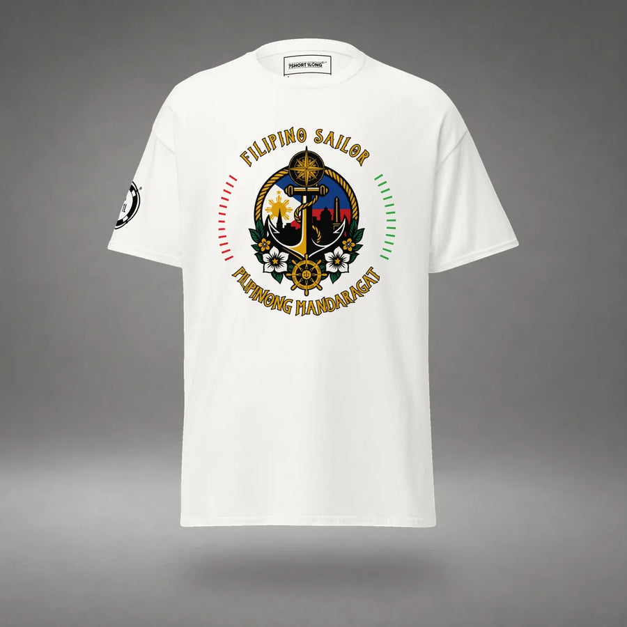 Filipino Sailor T-Shirt in White, featured product view, floating over a gray studio floor.