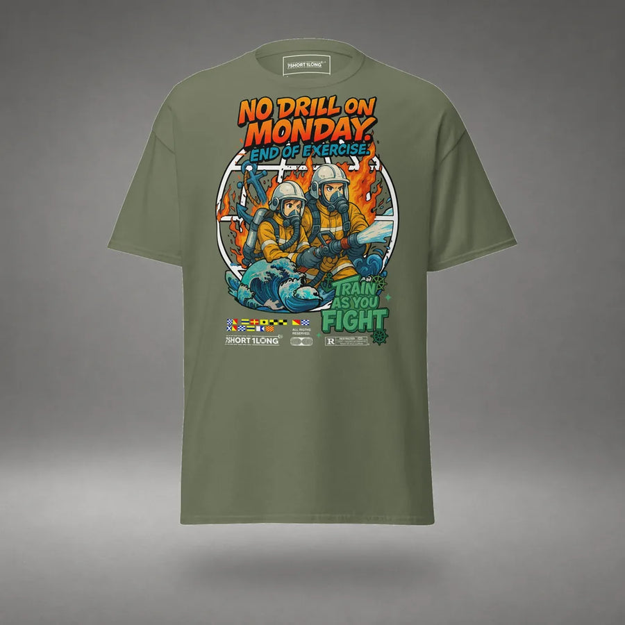 Fire Drill T-Shirt Safety At Sea Nautical Crew Design in Military Green, front view, floating over a gray studio floor.