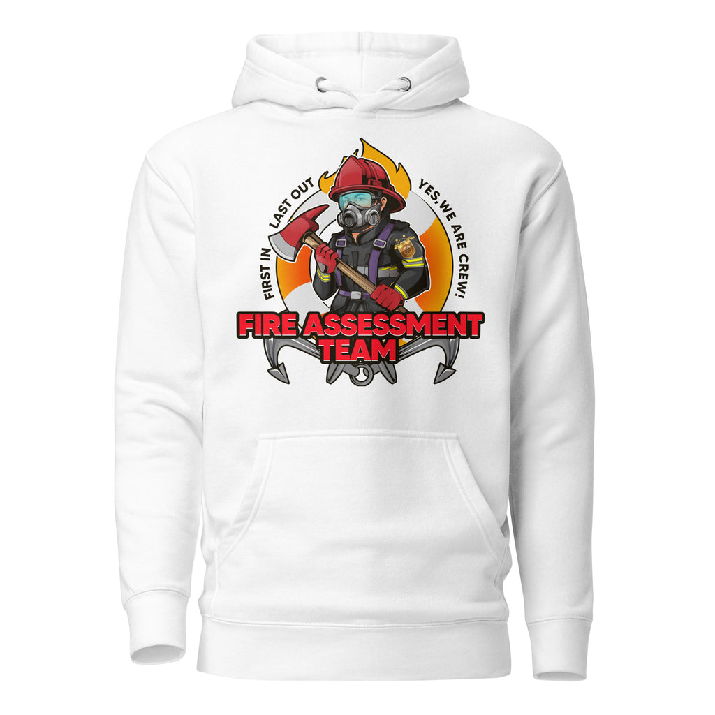 Firefighting crew hoodie by 7SHORT1LONG® featuring team logo and reflective details, worn by firefighters in a training session.