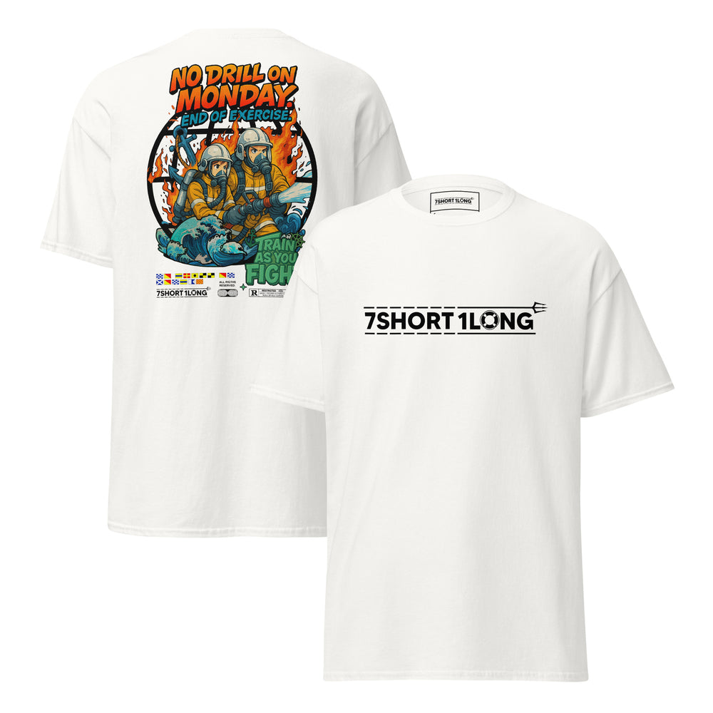 Maritime T-shirt with “Fire Drill” design, inspired by SOLAS fire fighting drills, onboard emergency response, and crew firefighting procedures.