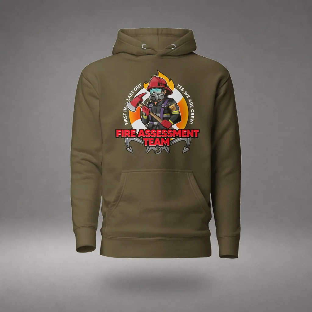 Firefighting Crew Hoodie in Military Green, front view, floating over a gray studio floor.