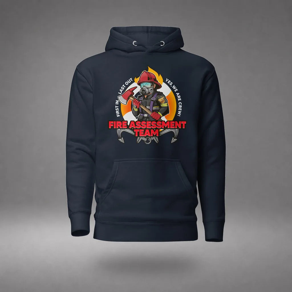 Firefighting Crew Hoodie in Navy Blazer, front view, floating over a gray studio floor.