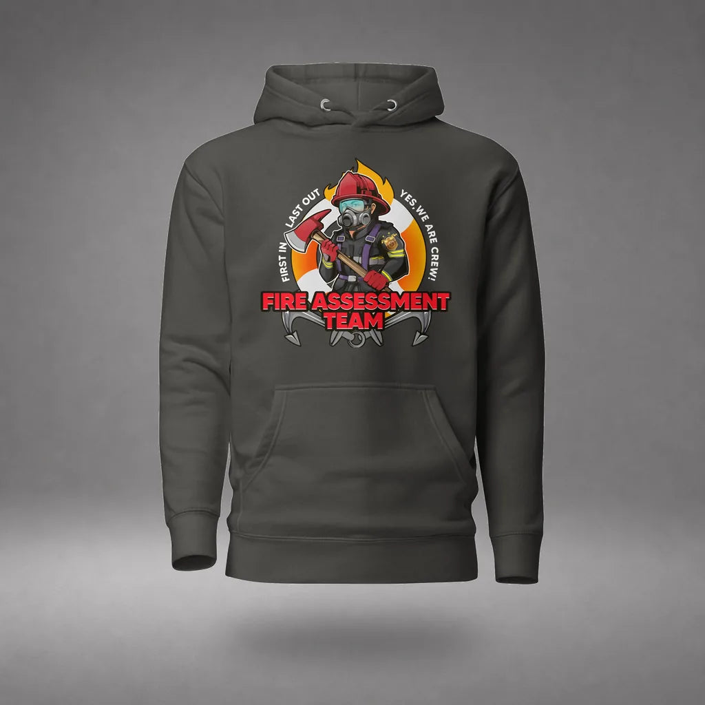 Firefighting Crew Hoodie in Vintage Black, front view, floating over a gray studio floor.