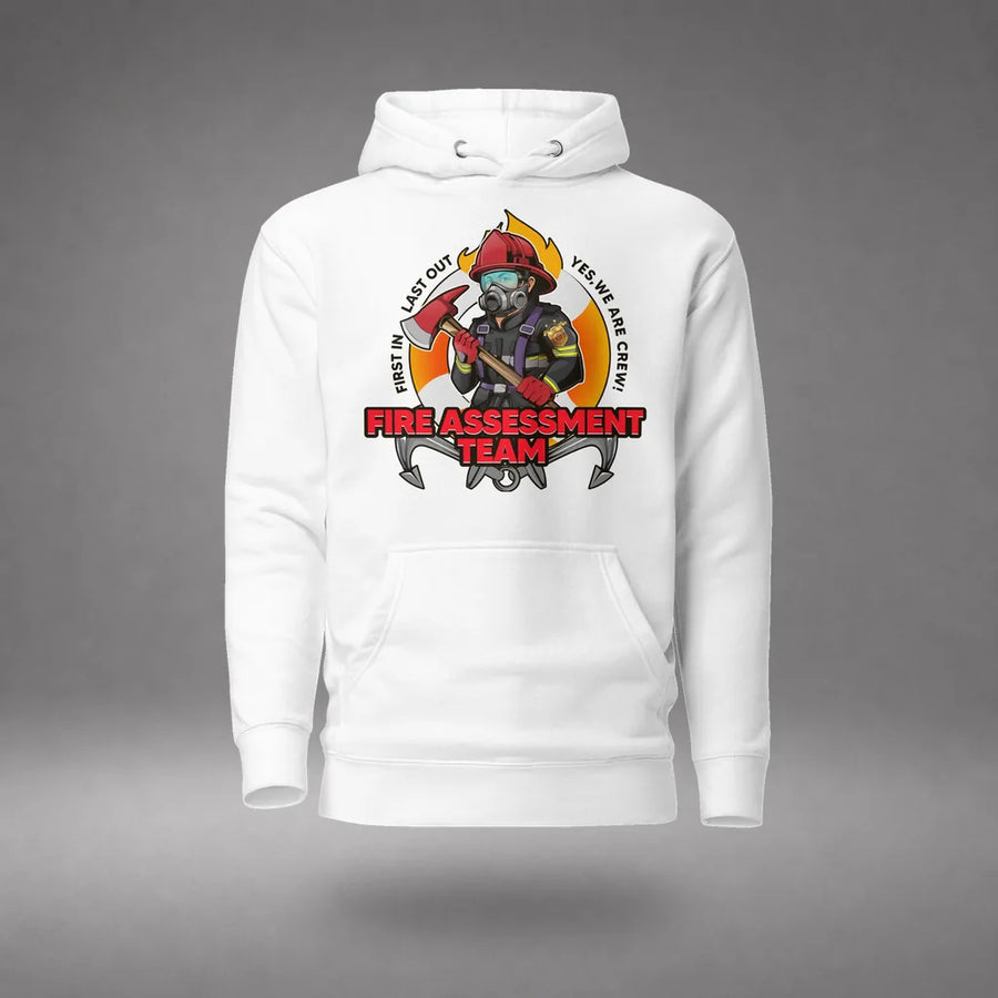 Firefighting Crew Hoodie in White, design detail view, floating over a gray studio floor.