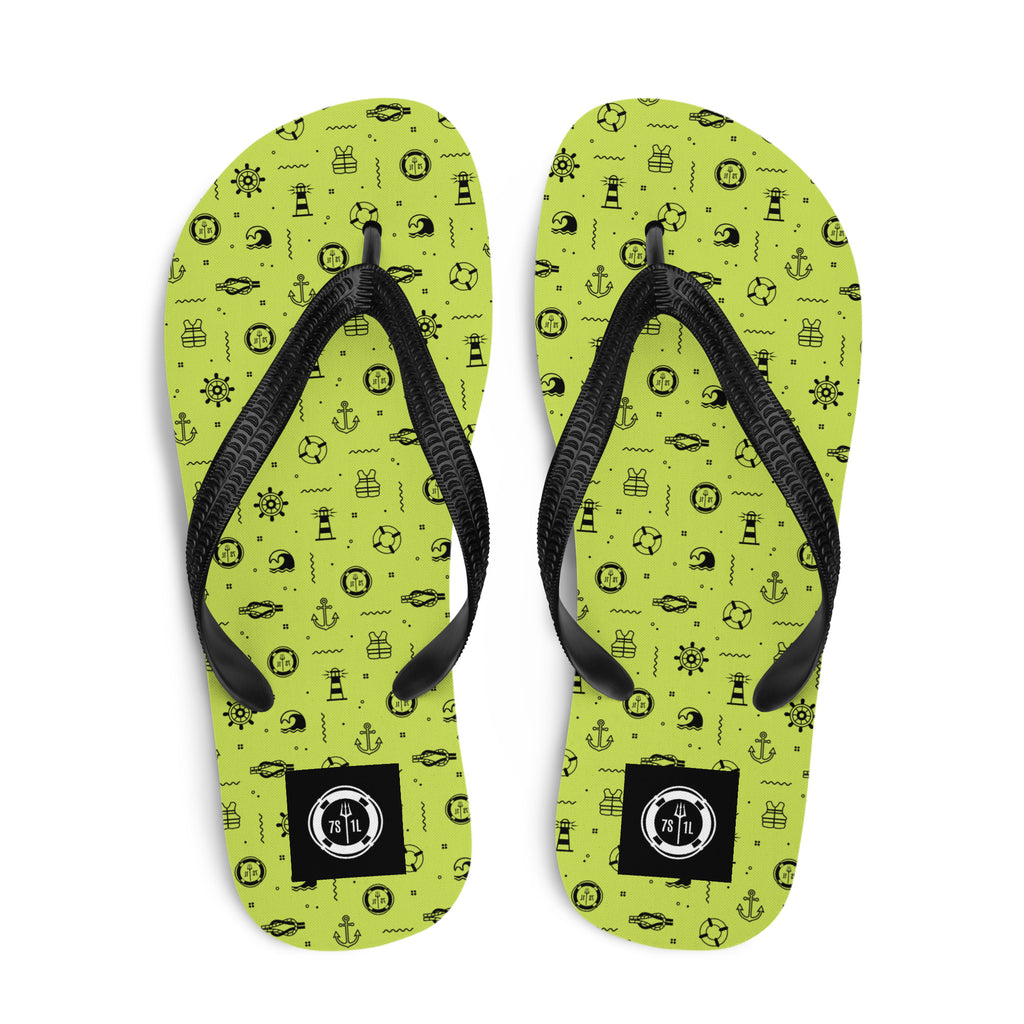 Nautical Pattern Flip Flops in lemon green on a cruise ship pool