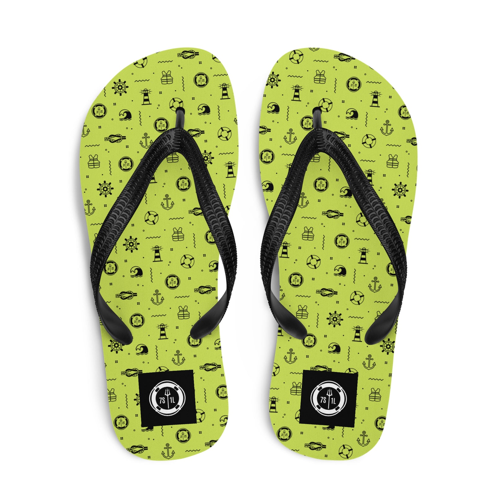 Nautical Pattern Flip Flops in lemon green on a cruise ship pool