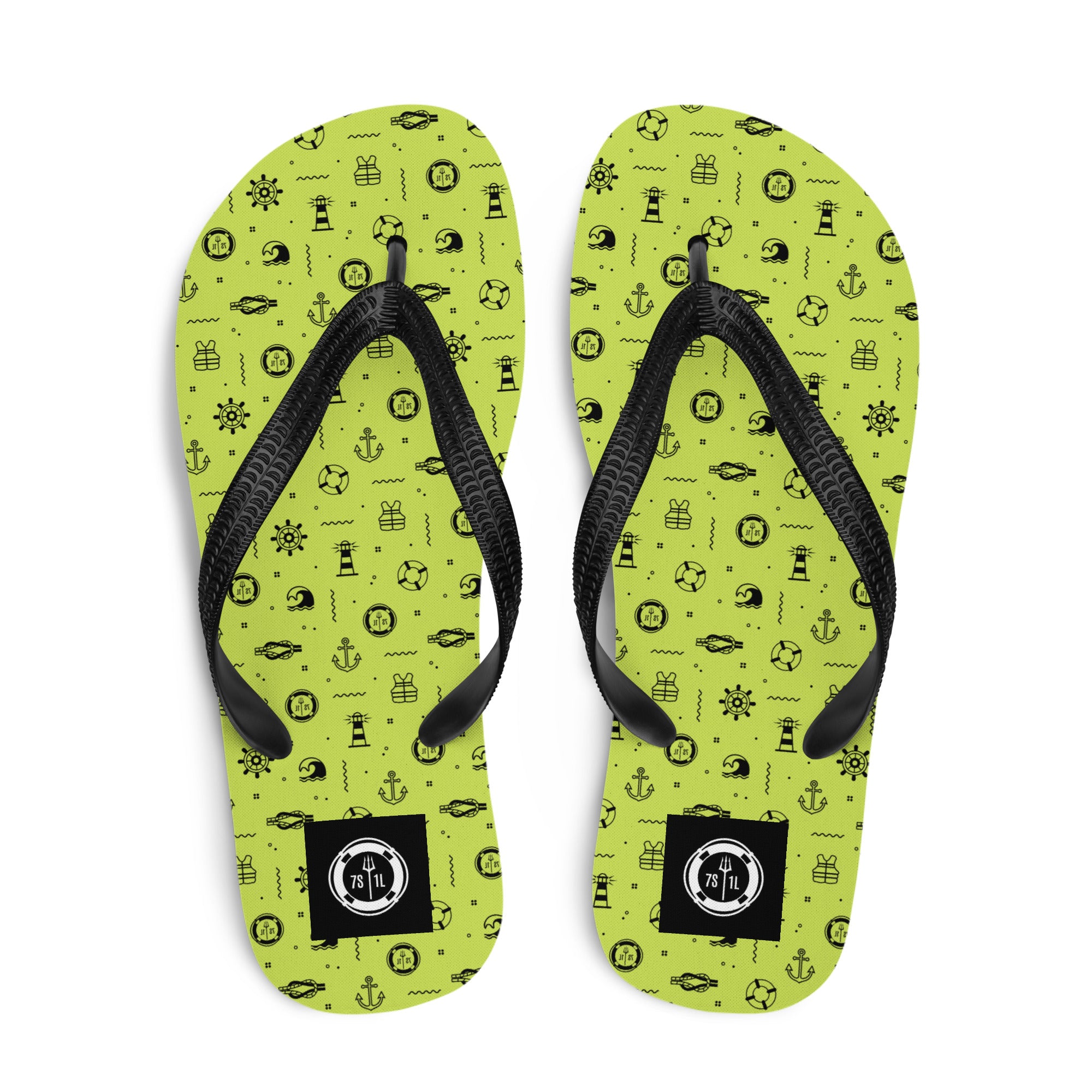 Nautical Pattern Flip Flops in lemon green on a cruise ship pool