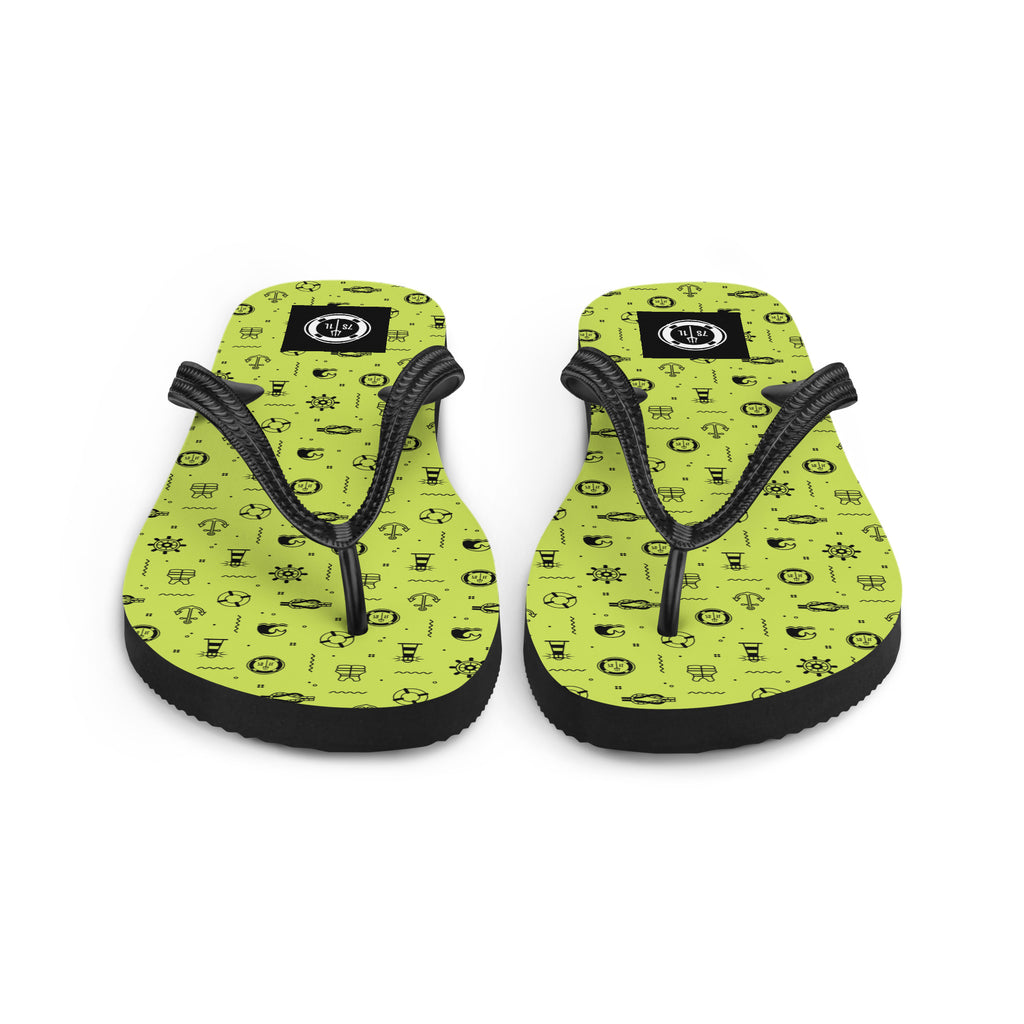 Nautical Pattern Flip Flops in lemon green on a cruise ship pool