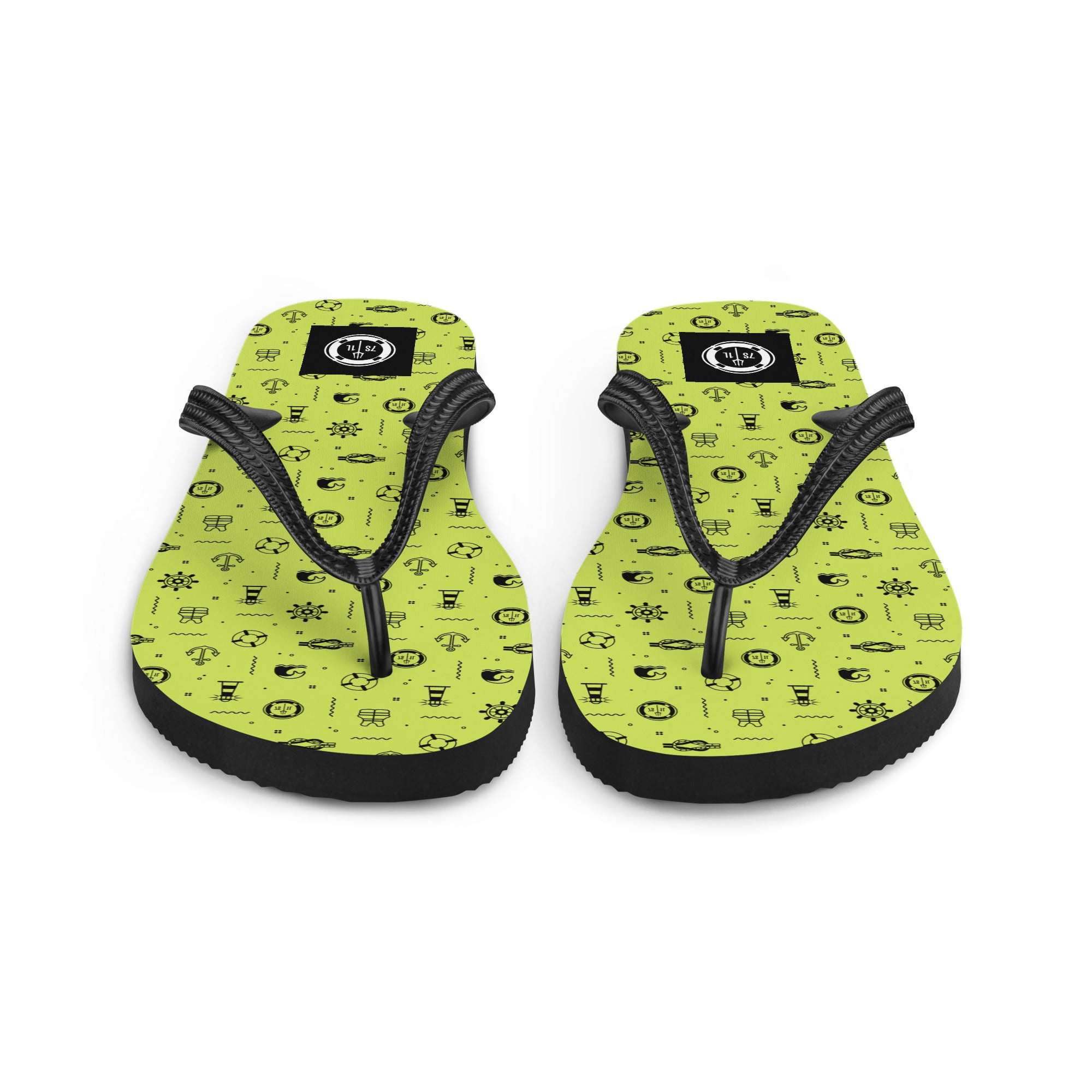 Nautical Pattern Flip Flops in lemon green on a cruise ship pool