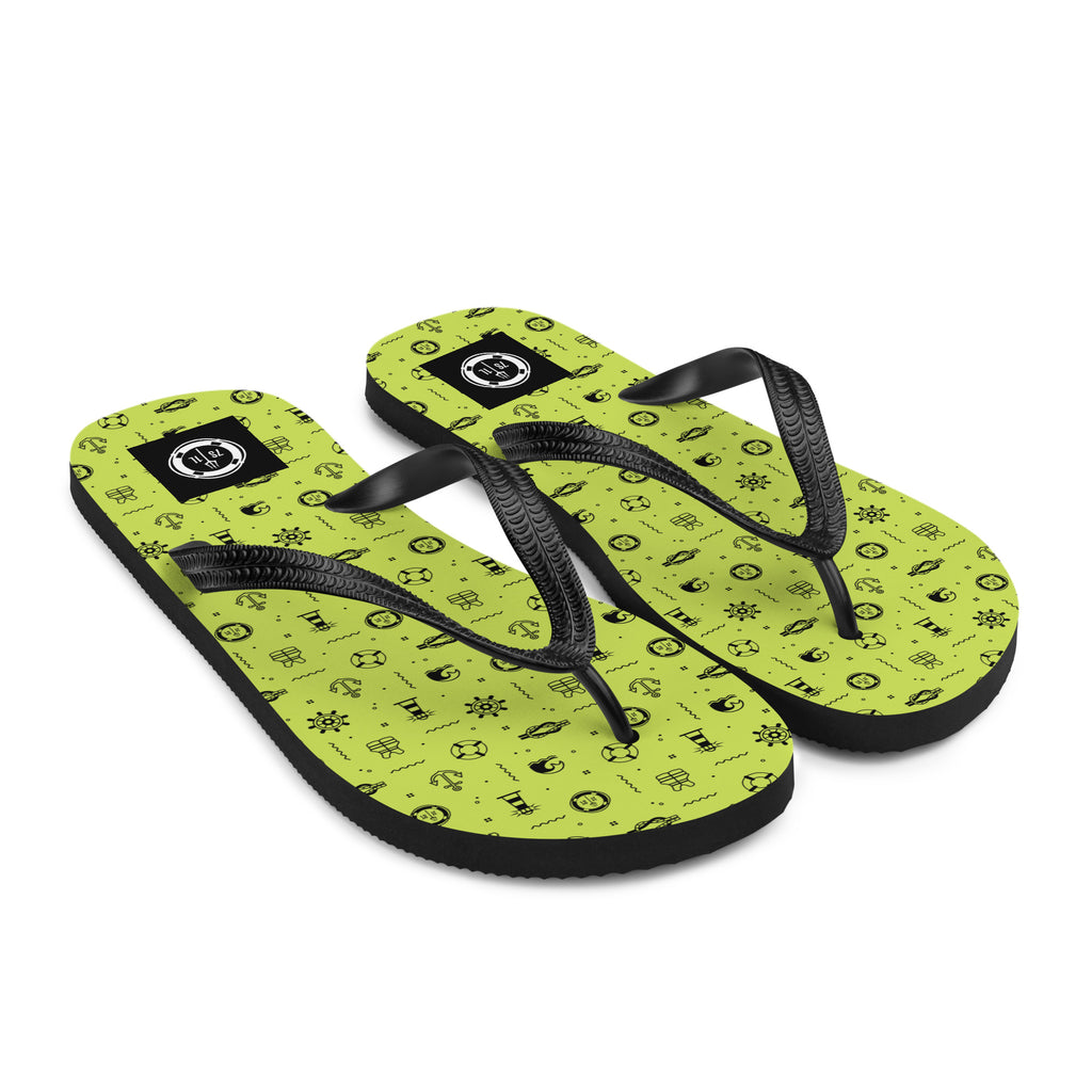 Nautical Pattern Flip Flops in lemon green on a cruise ship pool