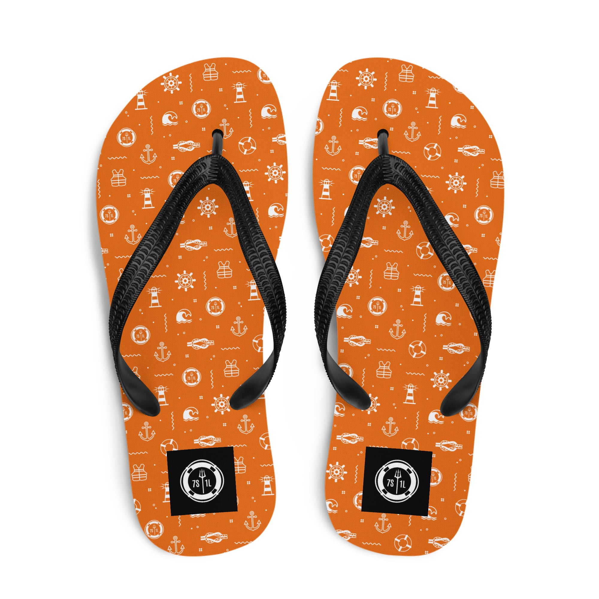 Orange flip-flops with black straps and white maritime pattern on a white background Main image