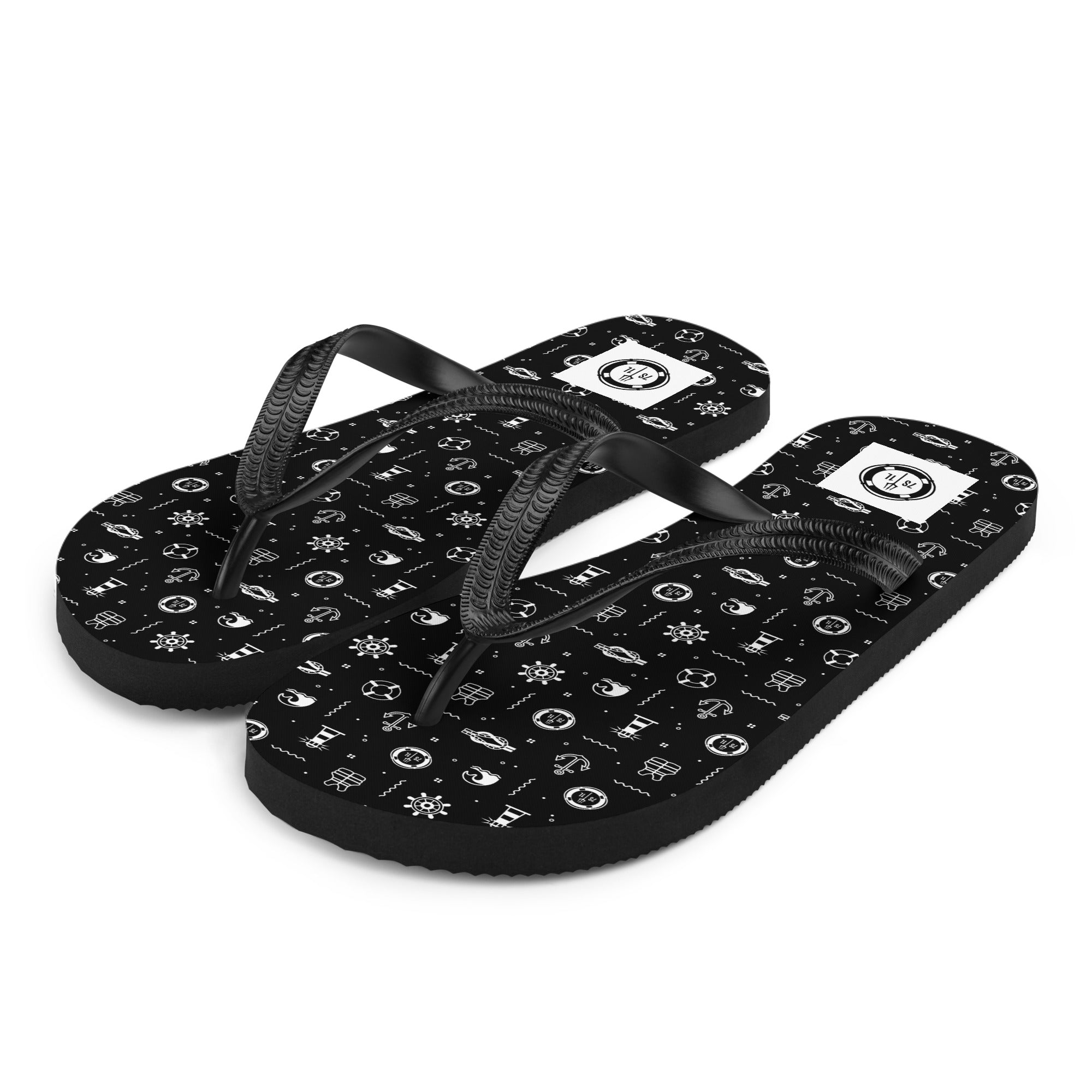 7SHORT1LONG® beach flip flops with maritime nautical icon design in black, perfect for seaside activities and casual wear.