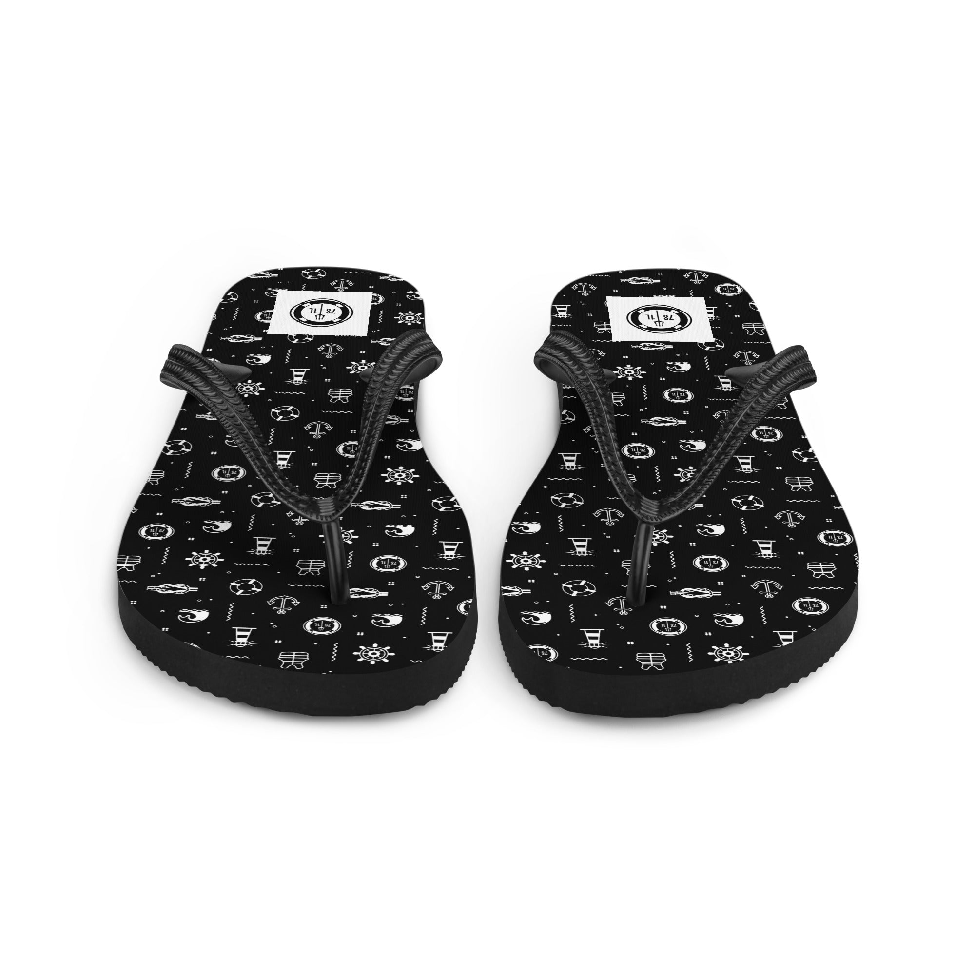 7SHORT1LONG® Beach flip flops with nautical icon design featuring maritime-themed print on black rubber sandals