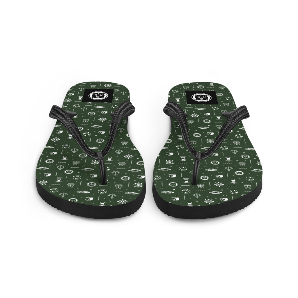 7SHORT1LONG® Coastal Marine flip flops with maritime design, featuring green straps and ocean-inspired details for beachwear.