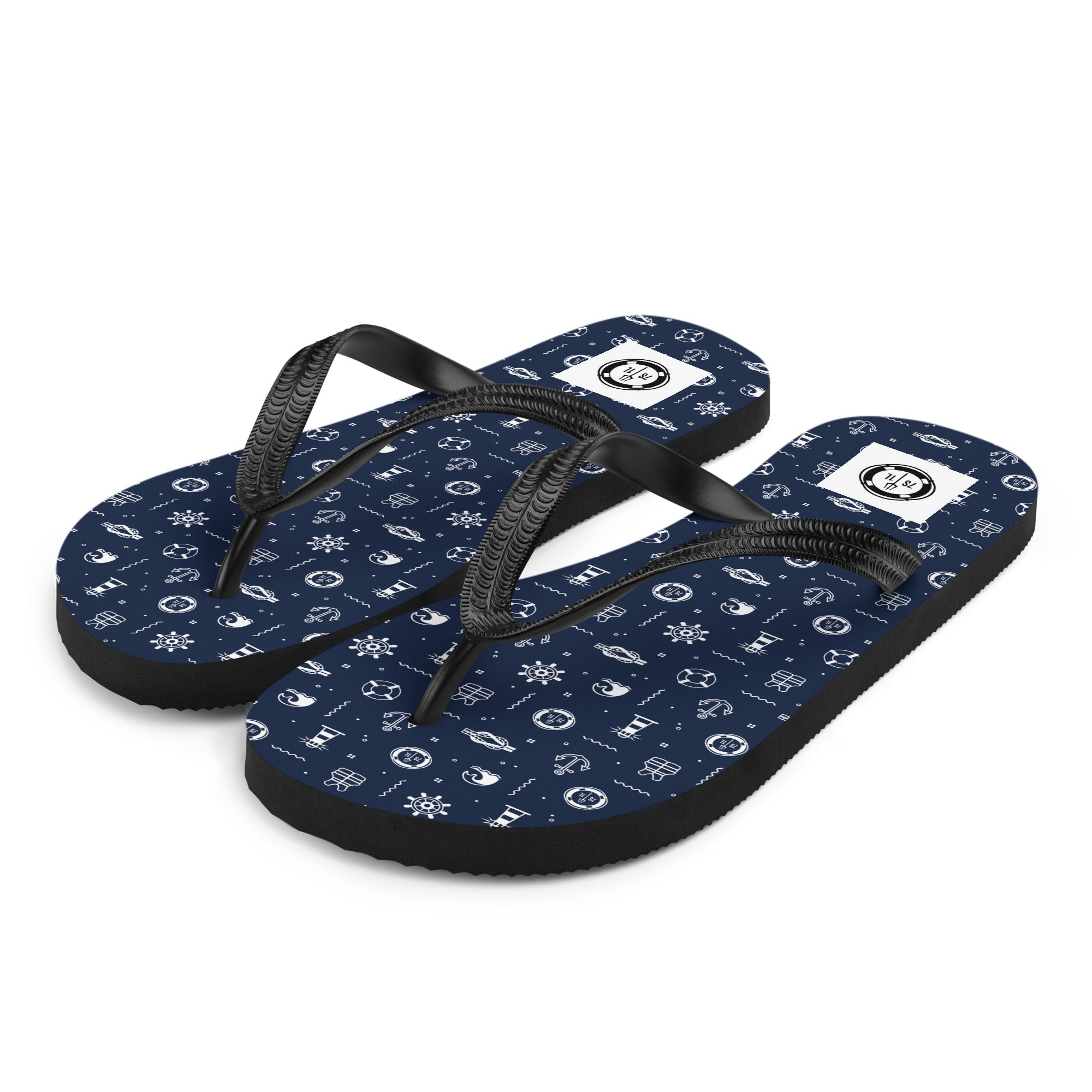 Pair of navy blue flip-flops with white maritime  pattern on a white background