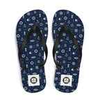 Navy blue flip-flops with maritime pattern on a white background