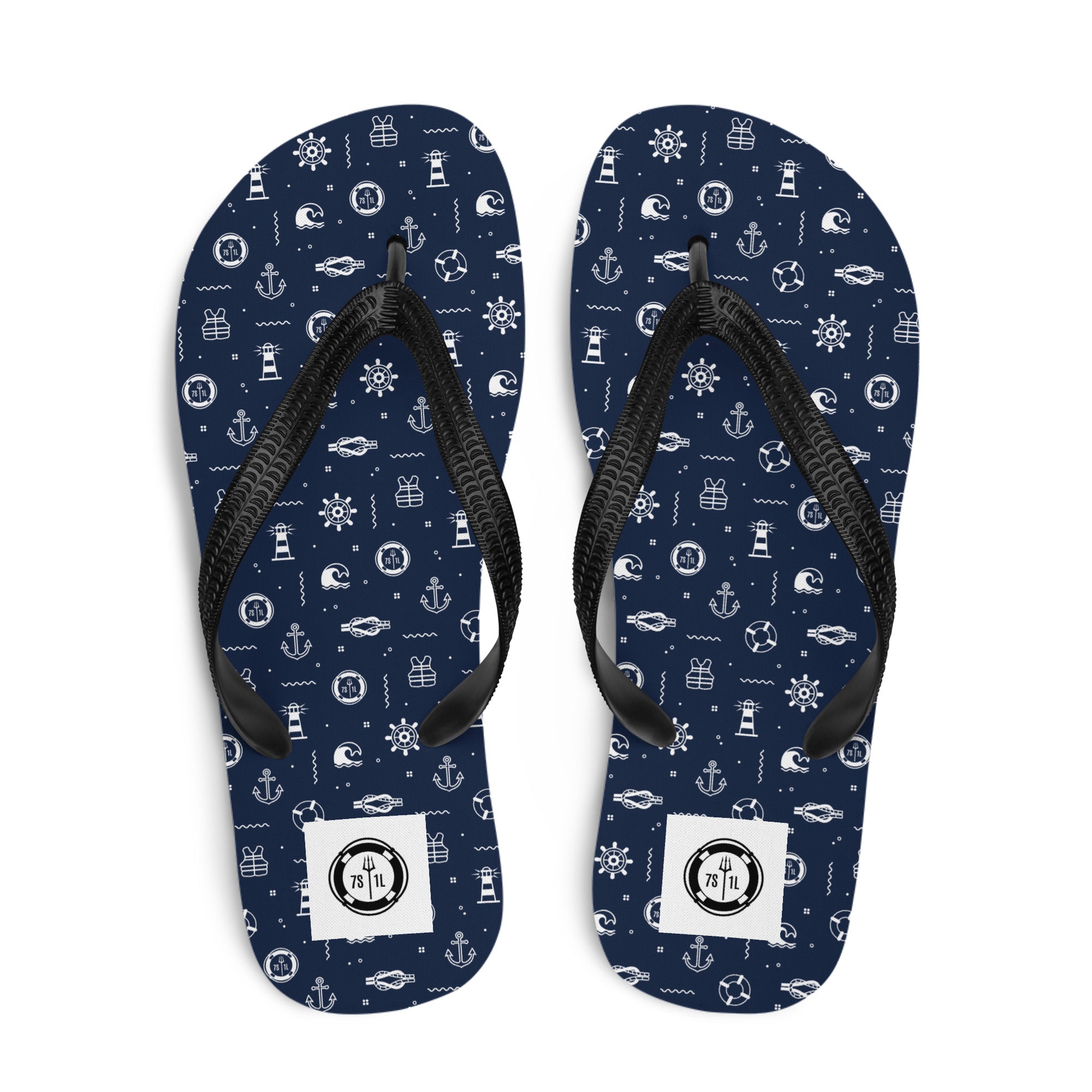 Navy blue flip-flops with maritime pattern on a white background