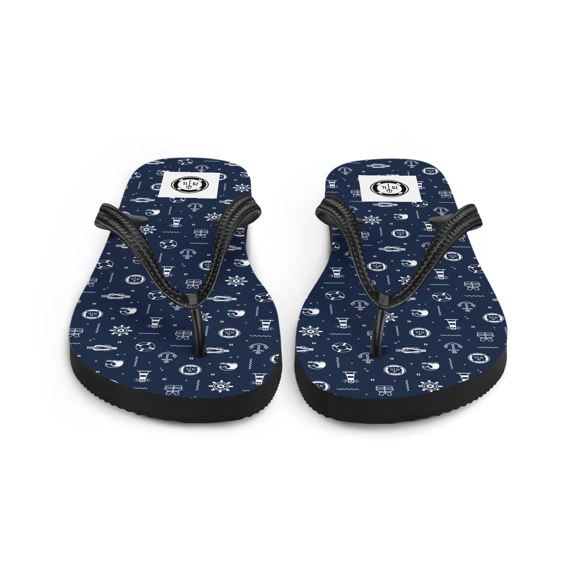 Pair of navy blue flip-flops with white pattern on a white background