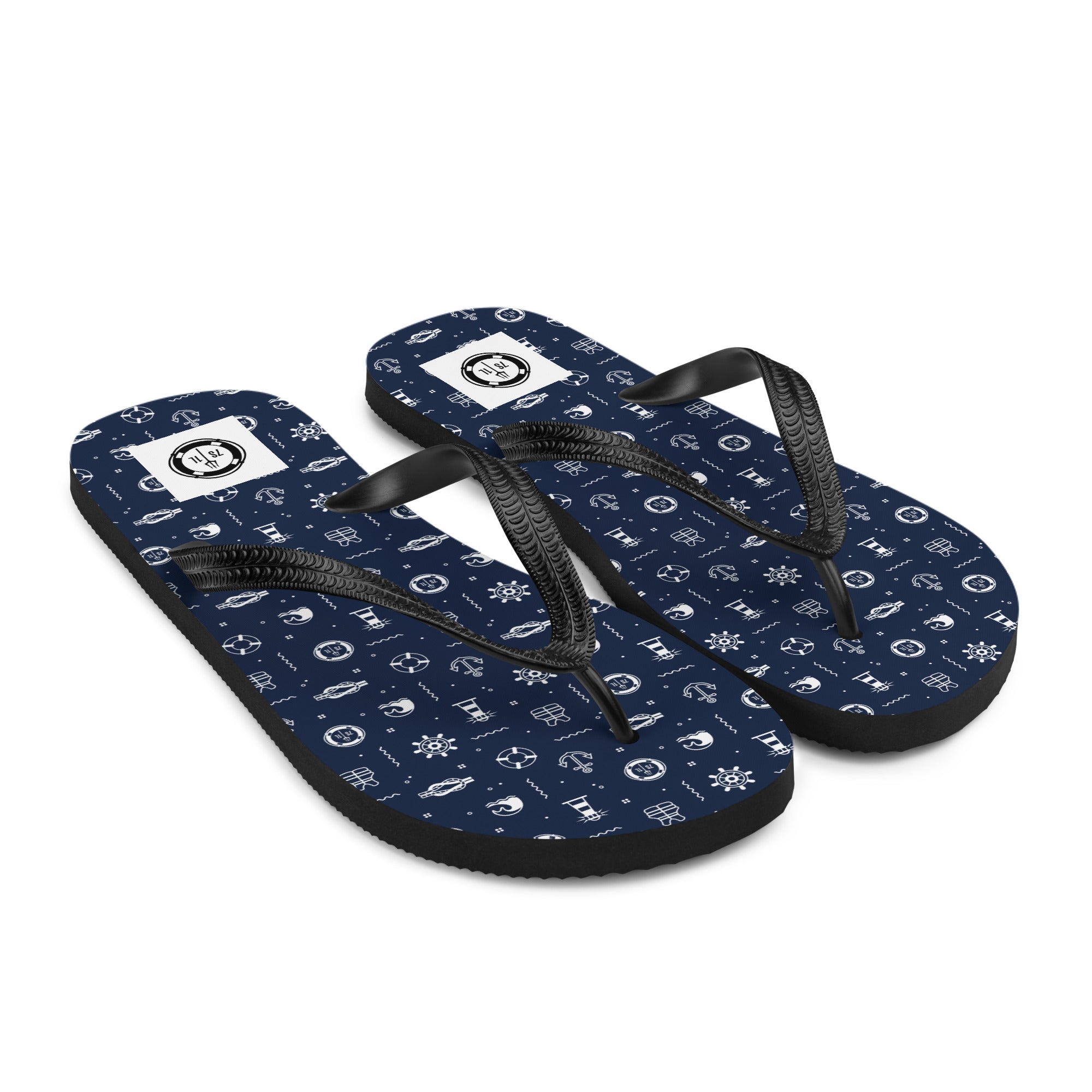 Pair of navy blue flip-flops with white maritime pattern on a white background