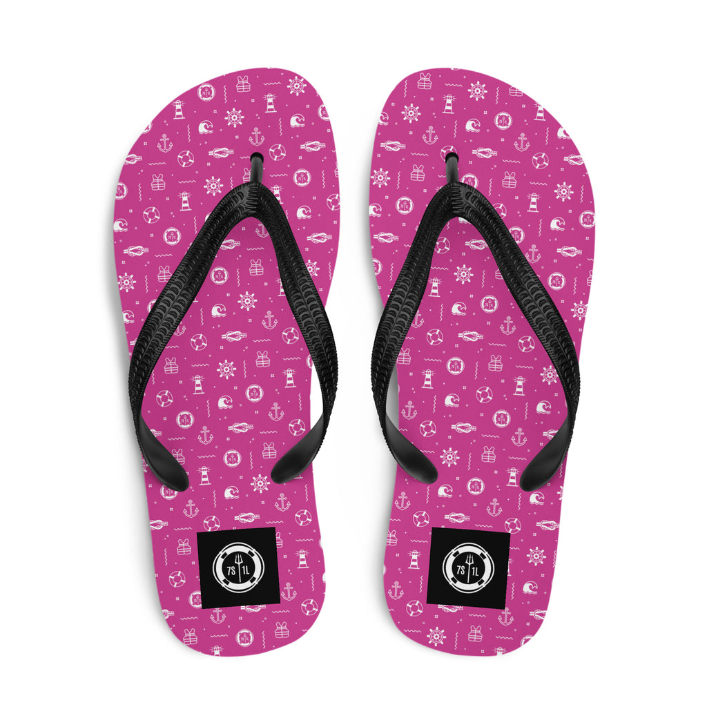 Pink flip-flops with a black strap and 7 short 1 long logo on a white background