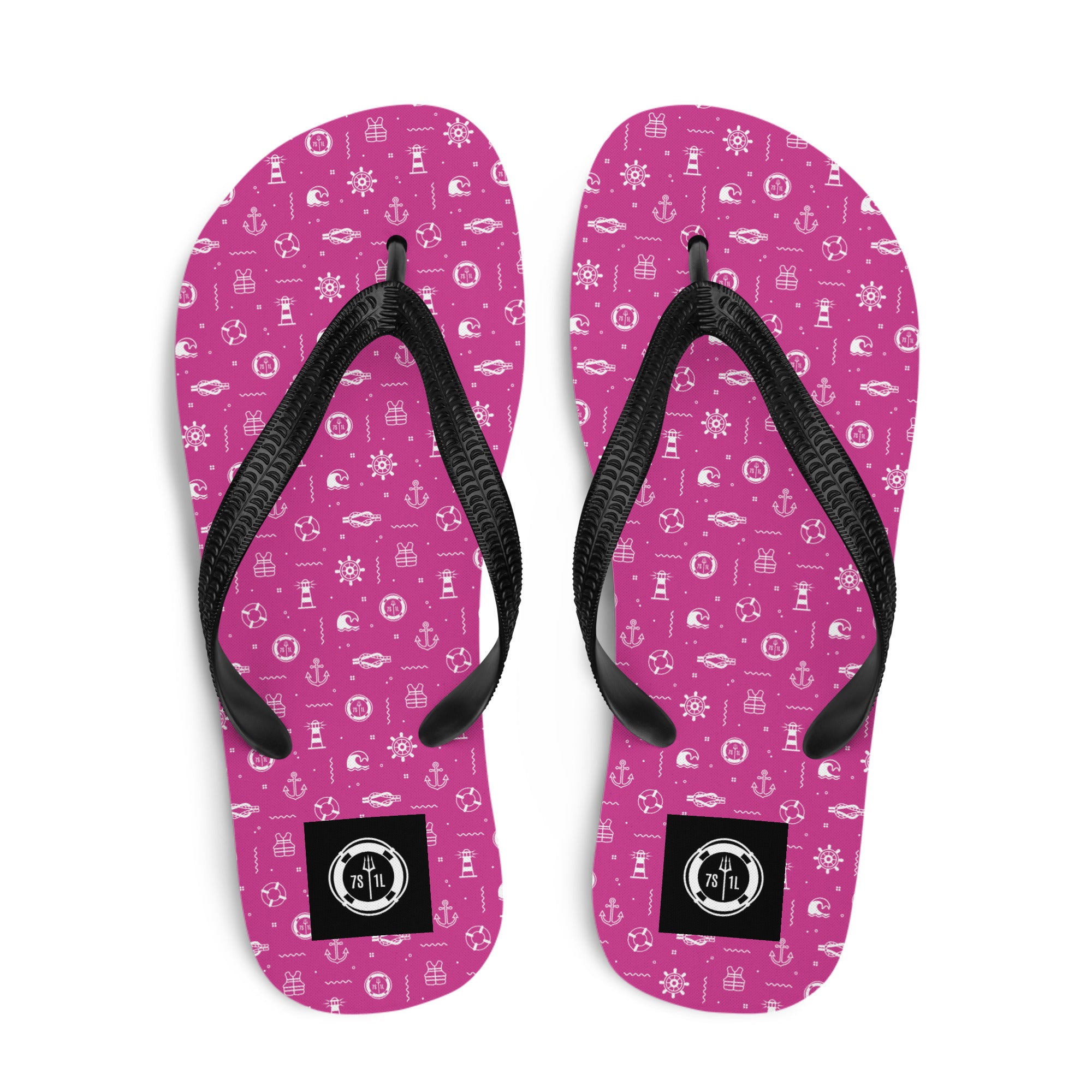 Pink flip-flops with a black strap and 7 short 1 long logo on a white background