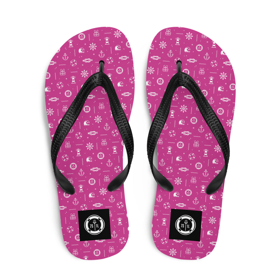 Pink flip-flops with a black strap and 7 short 1 long logo on a white background