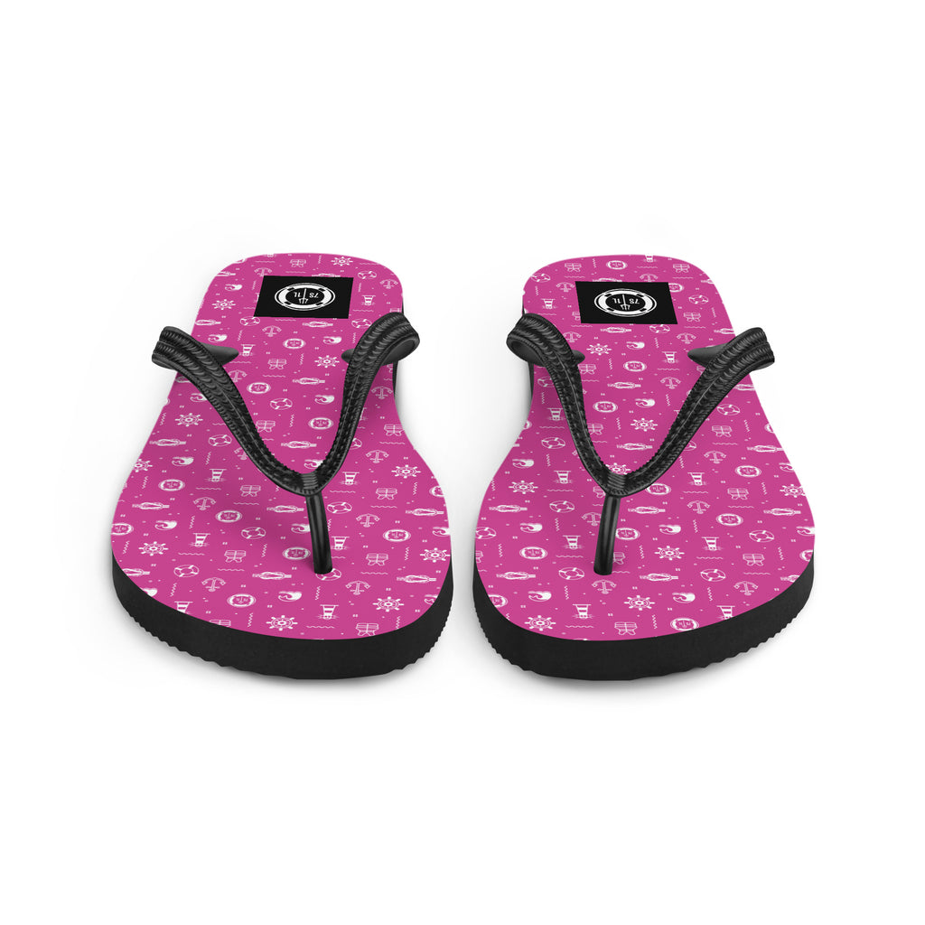 Pink flip-flops with a black strap and 7 short 1 long logo on a white background