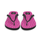 Pink flip-flops with a black strap and 7 short 1 long logo on a white background