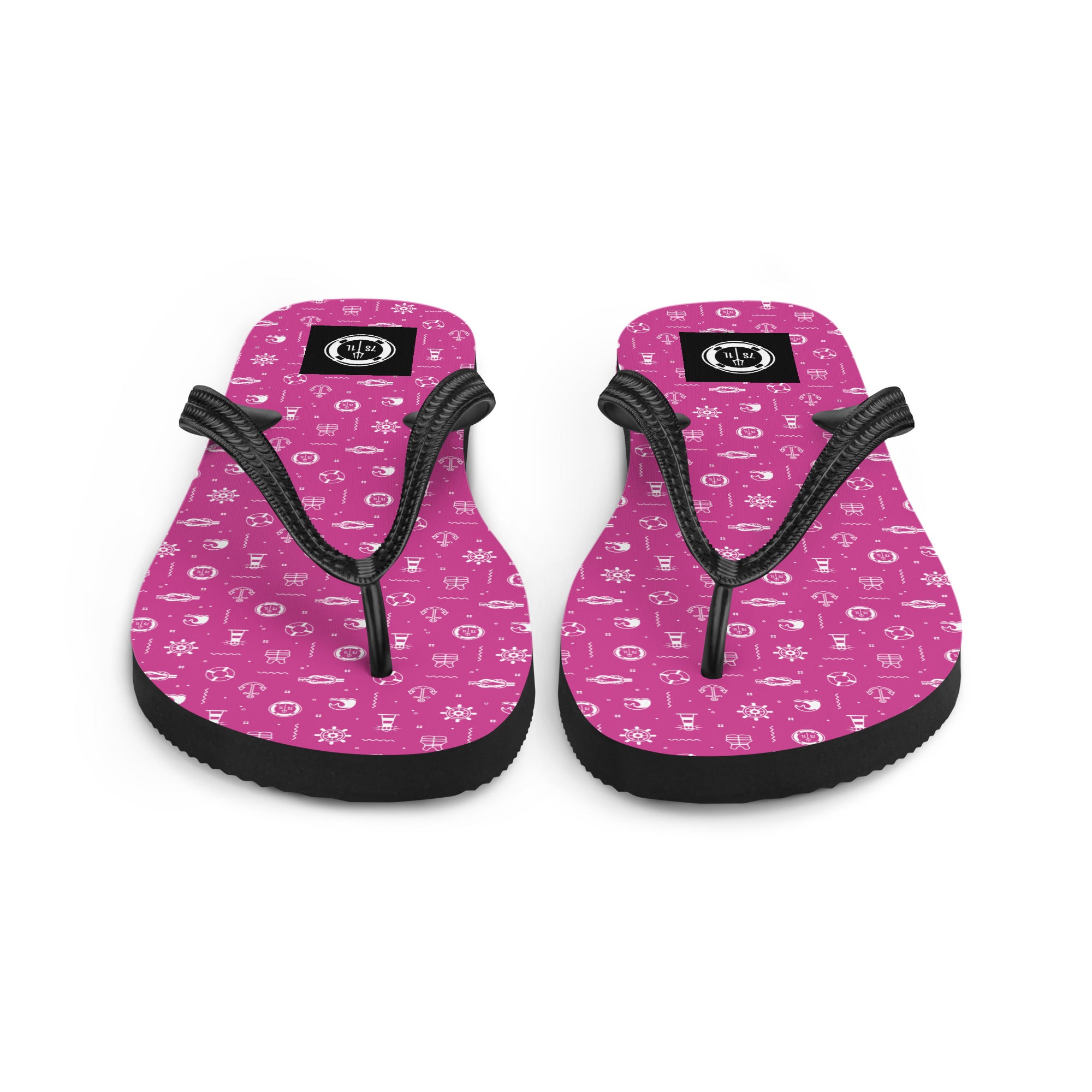 Pink flip-flops with a black strap and 7 short 1 long logo on a white background