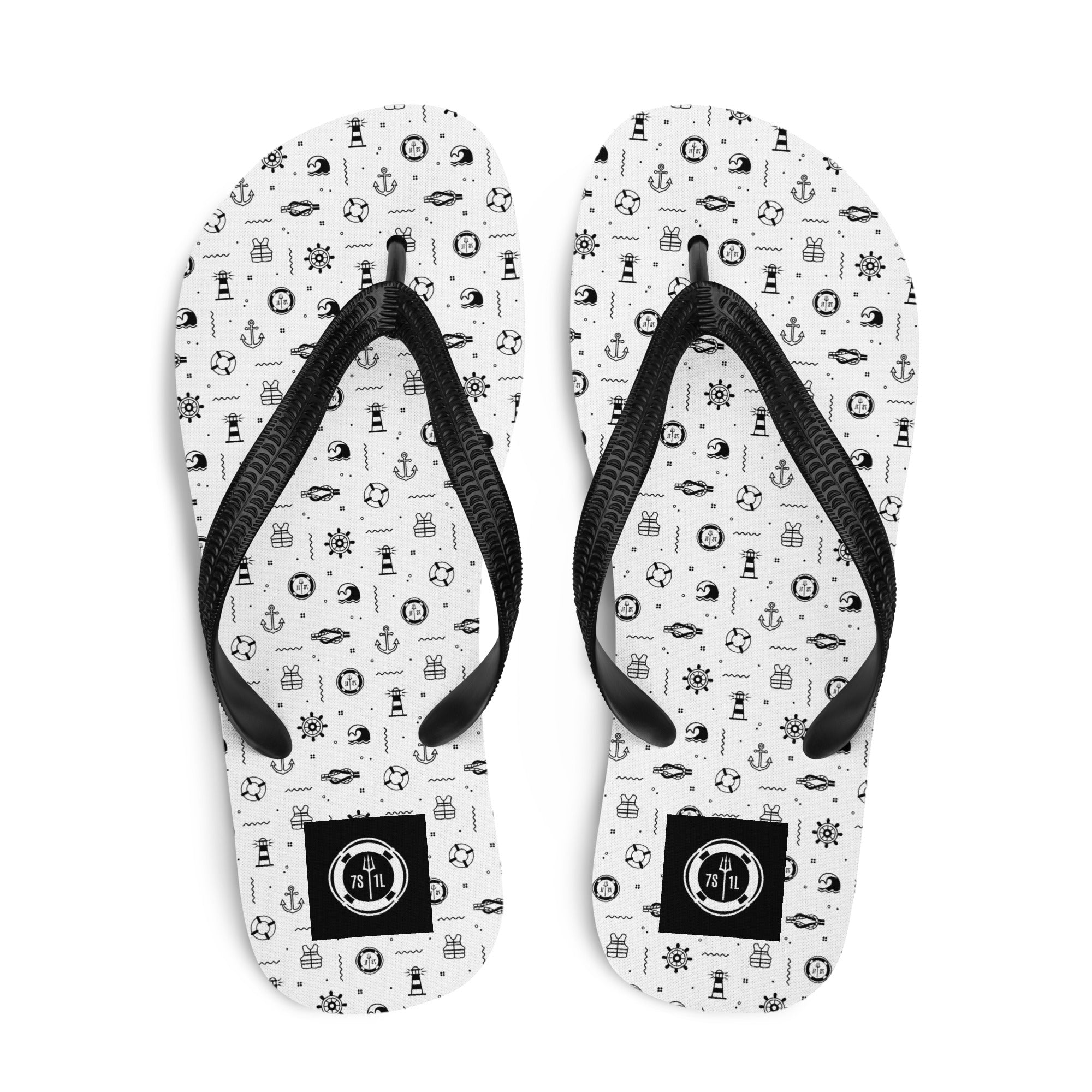 Pair of flip-flops with black maritime pattern on a white background Main image