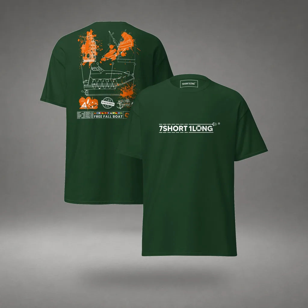 Free Fall Boat Nautical Crew T-Shirt in Forest Green, front and back view, floating over a gray studio floor.