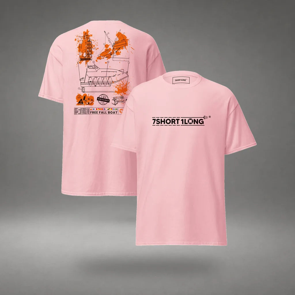Free Fall Boat Nautical Crew T-Shirt in Light Pink, front and back view, floating over a gray studio floor.