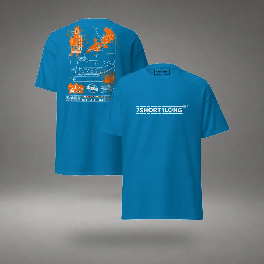 Free Fall Boat Nautical Crew T-Shirt in Sapphire, front and back view, floating over a gray studio floor.