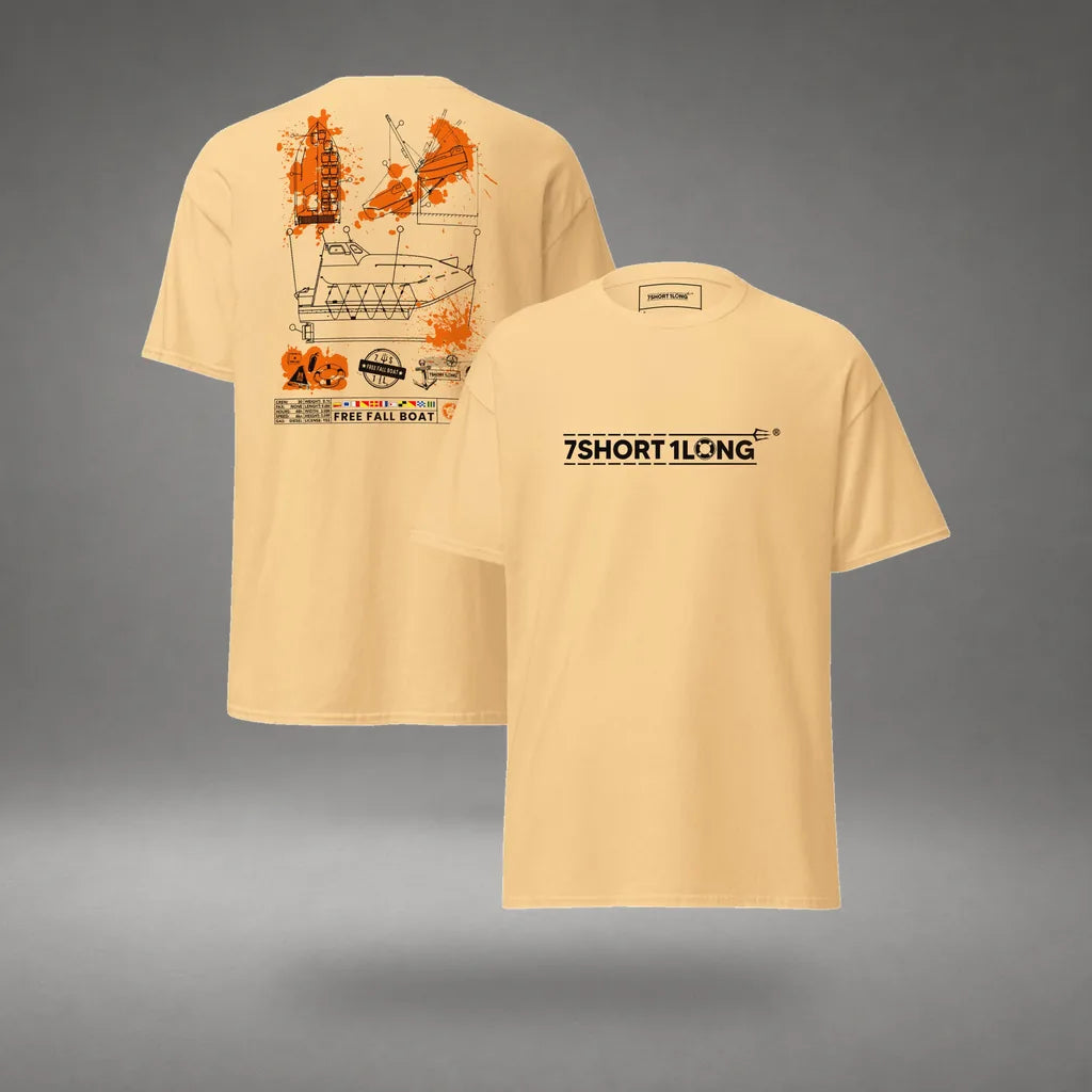 Free Fall Boat Nautical Crew T-Shirt in Yellow Haze, front and back view, floating over a gray studio floor.