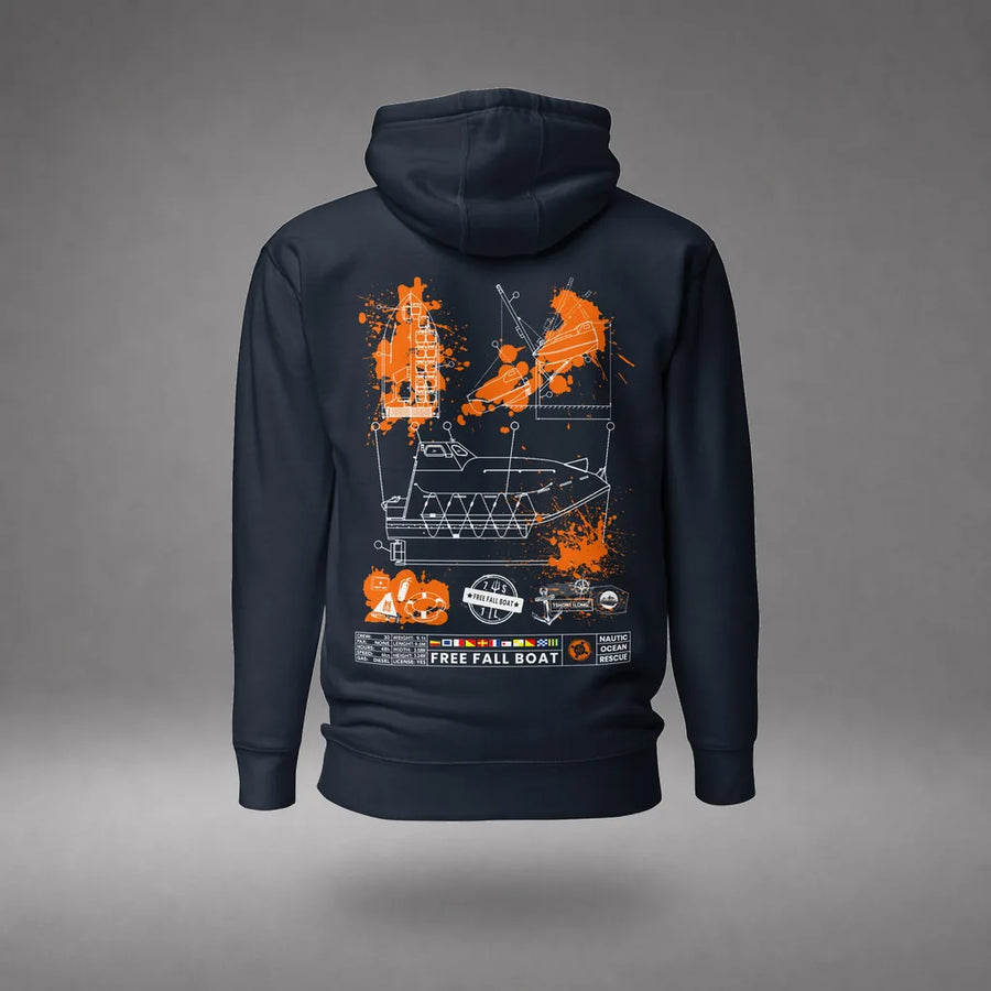 Free Fall Lifeboat Hoodie in Navy Blazer, back view, floating over a gray studio floor.