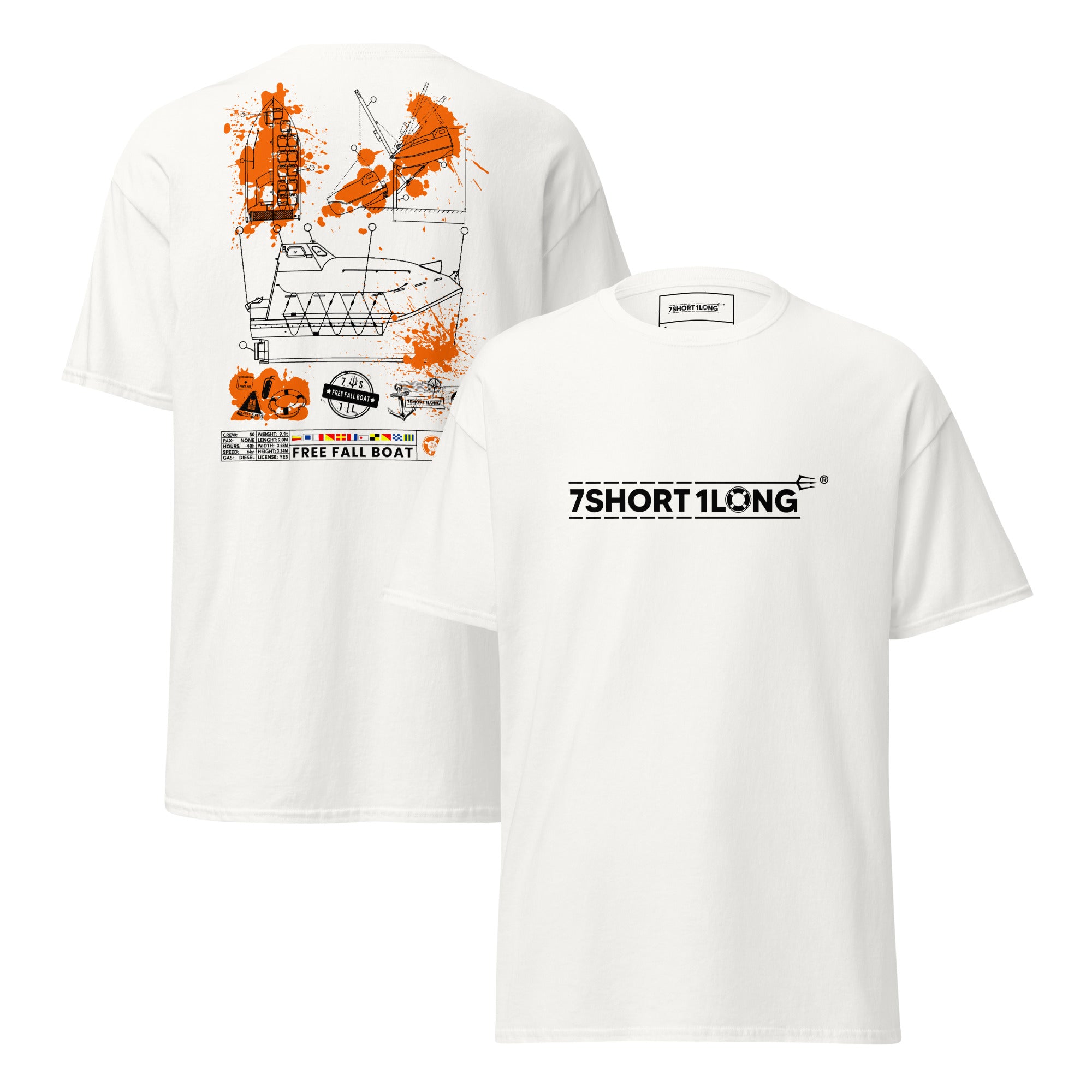 7SHORT1LONG free fall lifeboat t-shirt maritime survival vessel blueprint white tee Image principale du produit