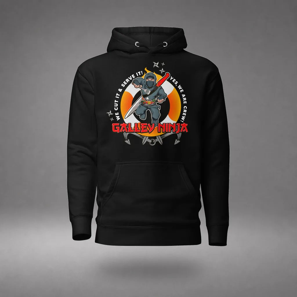 Galley Department Crew Hoodie in Black, front view, floating over a gray studio floor.