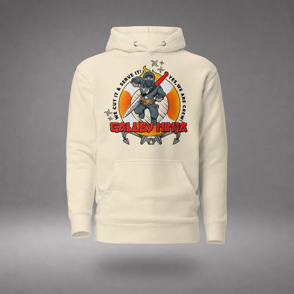 Galley Department Crew Hoodie in Bone, featured product view, floating over a gray studio floor.