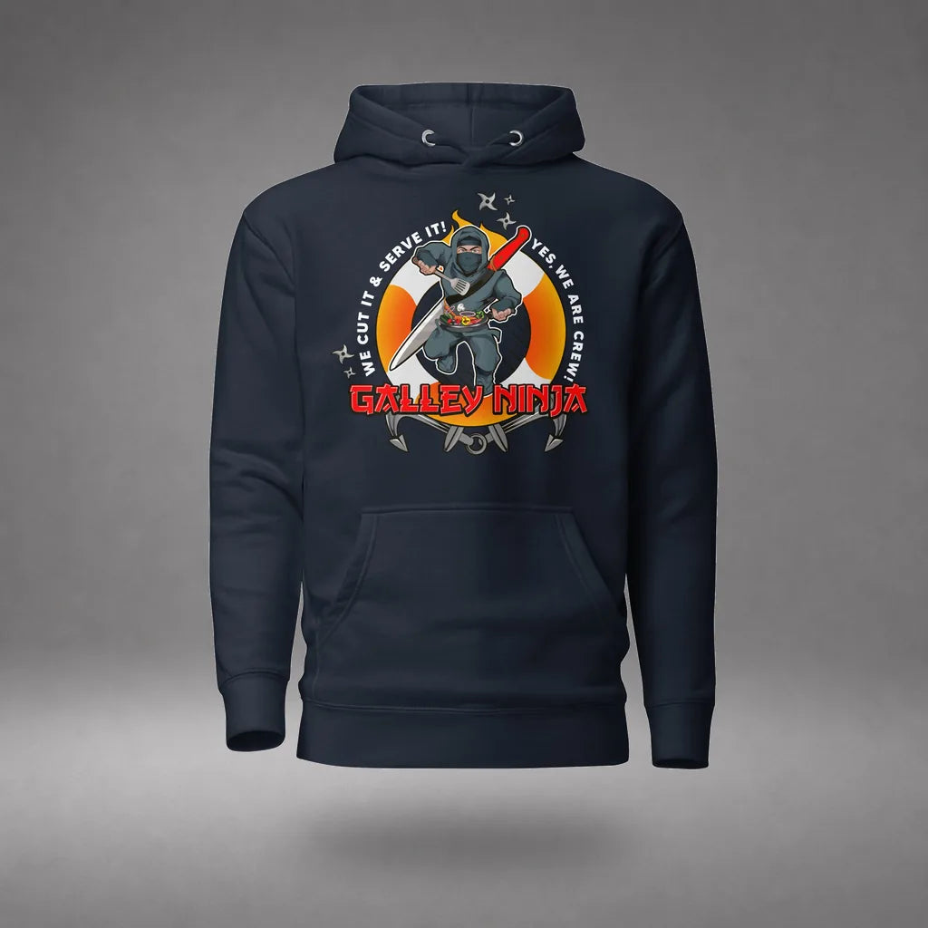 Galley Department Crew Hoodie in Navy Blazer, featured product view, floating over a gray studio floor.