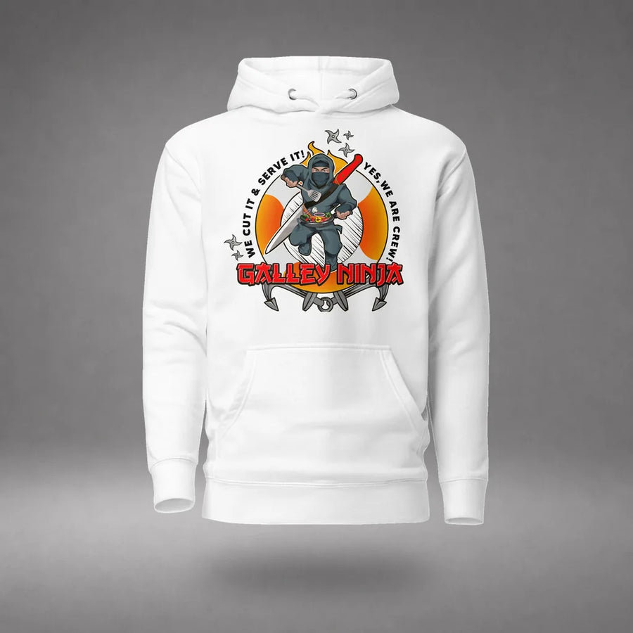 Galley Department Crew Hoodie in White, featured product view, floating over a gray studio floor.