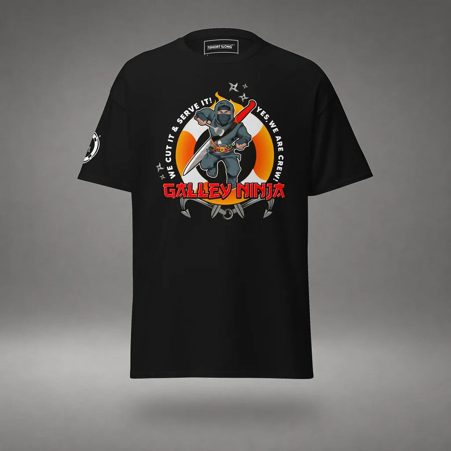 Galley Department Seafarer T-Shirt in Black, featured product view, floating over a gray studio floor.