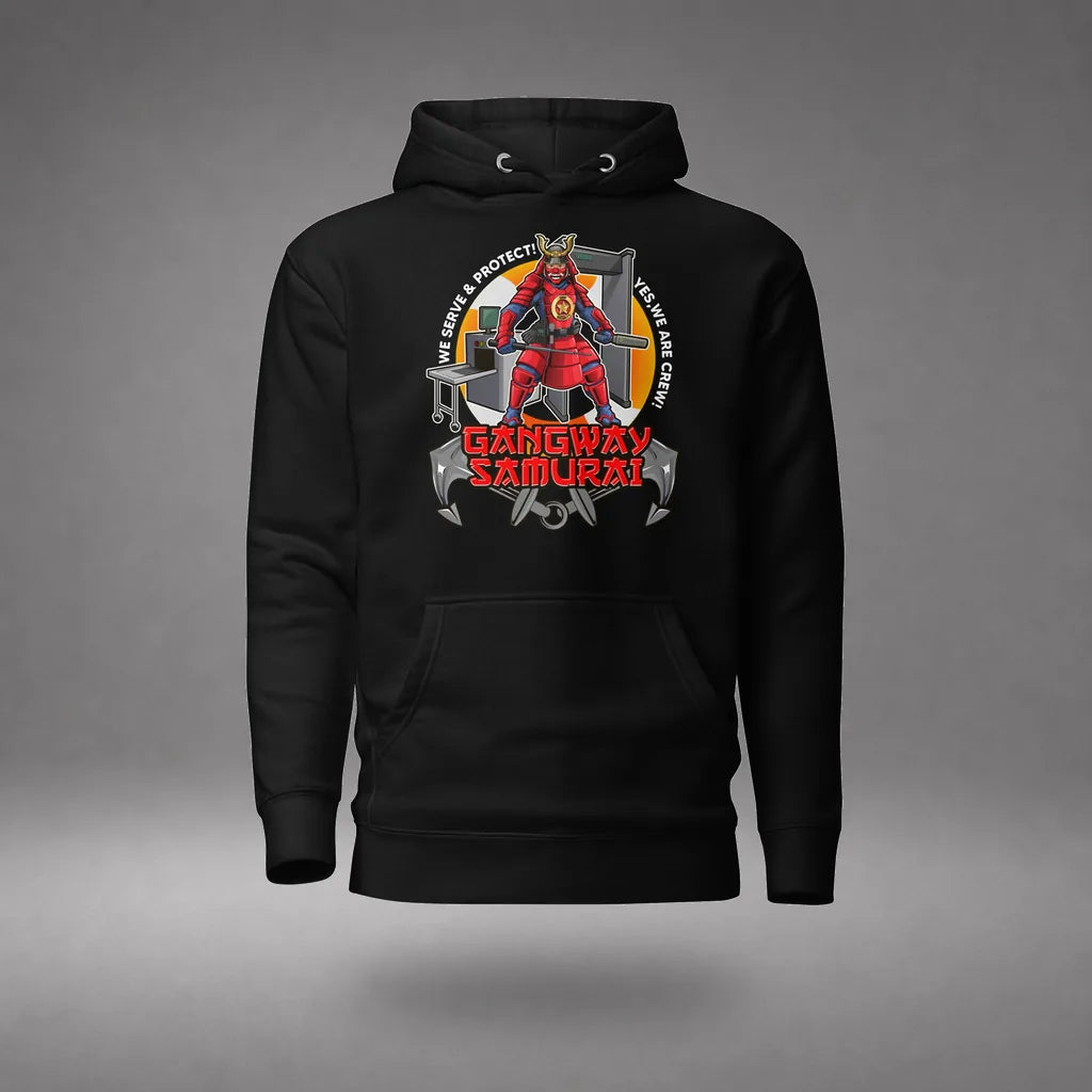 Gangway Samurai Ship Security Hoodie in Black, featured product view, floating over a gray studio floor.