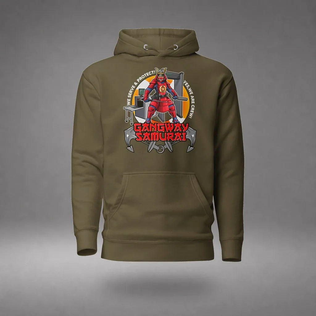 Gangway Samurai Ship Security Hoodie in Military Green, front view, floating over a gray studio floor.