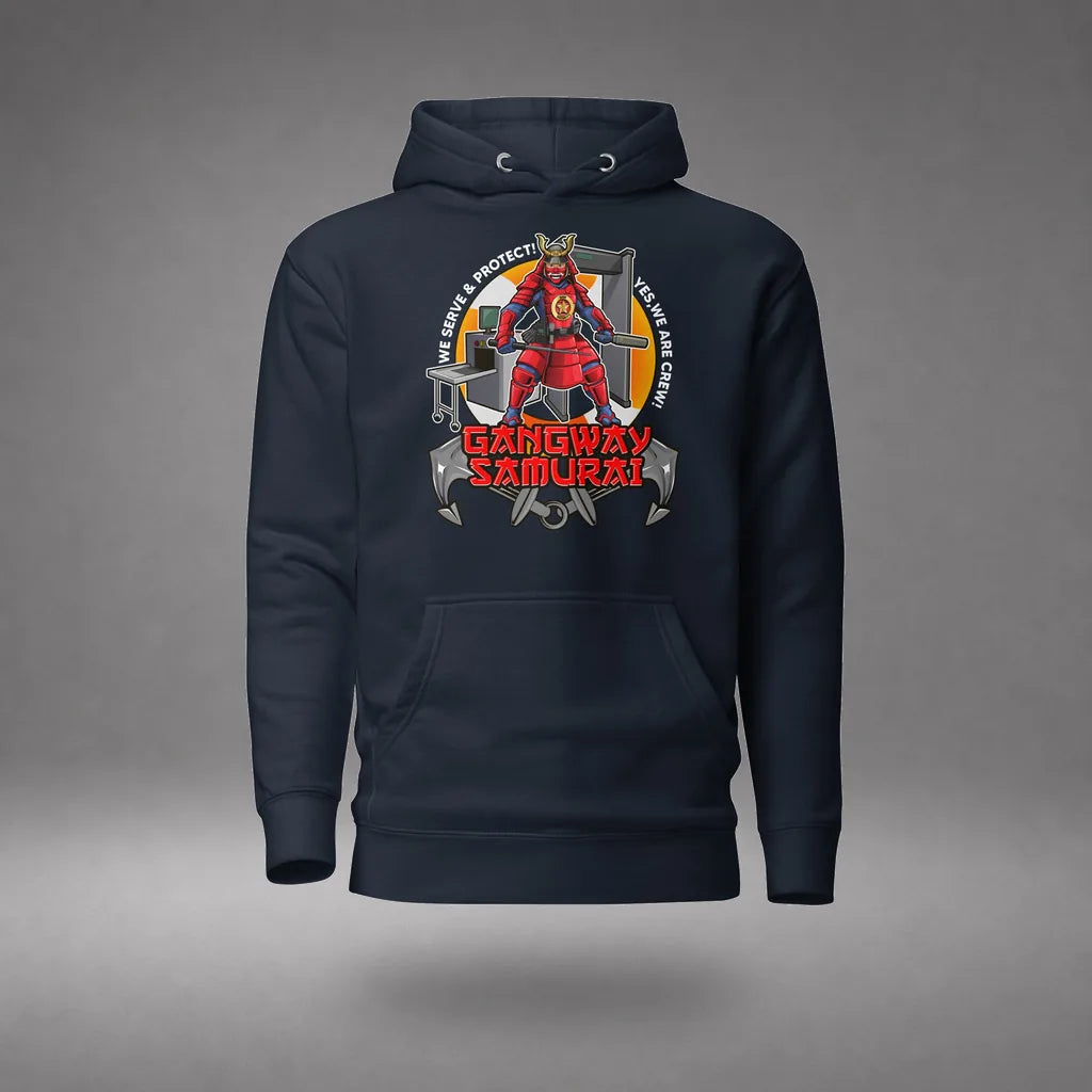 Gangway Samurai Ship Security Hoodie in Navy Blazer, featured product view, floating over a gray studio floor.