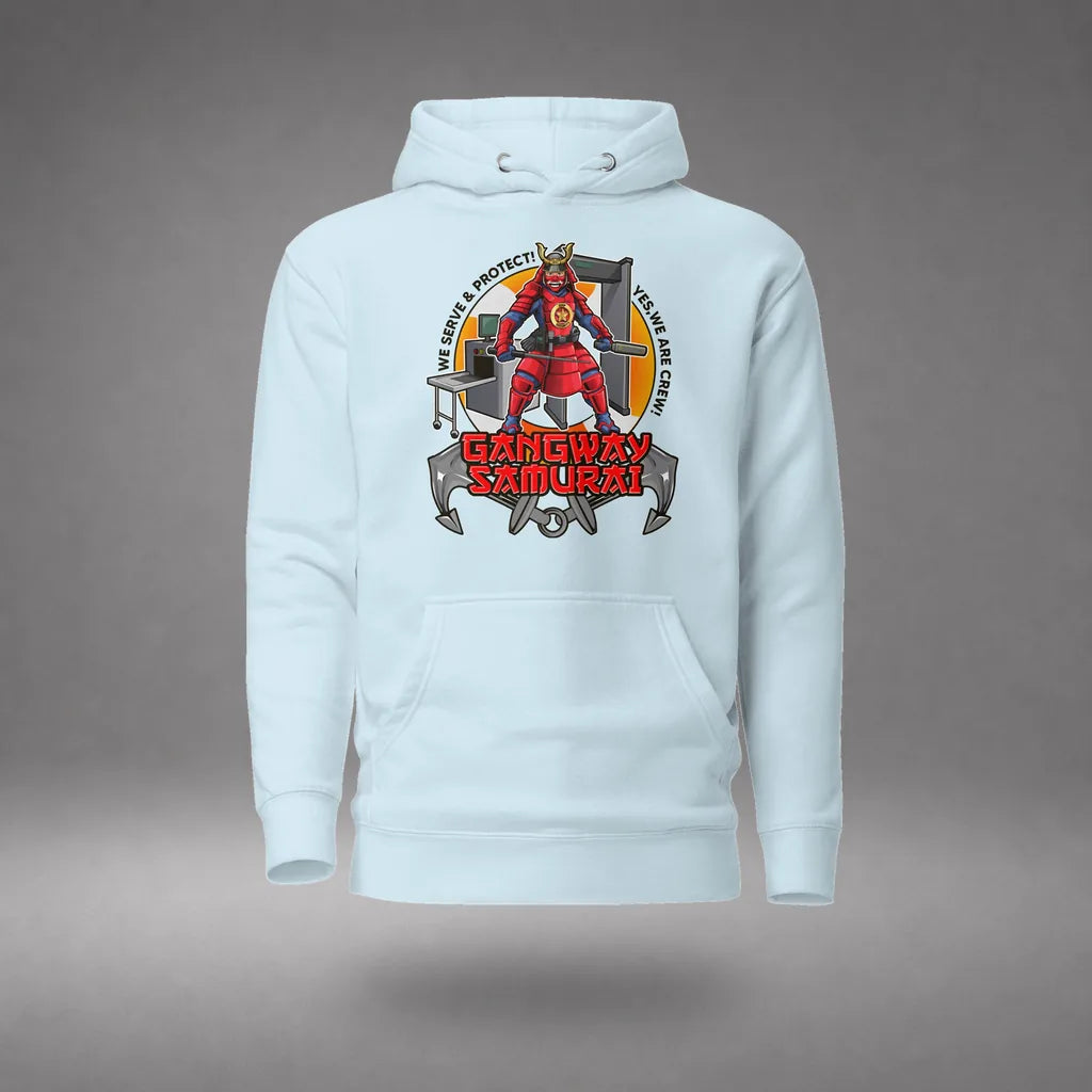 Gangway Samurai Ship Security Hoodie in Sky Blue, front view, floating over a gray studio floor.